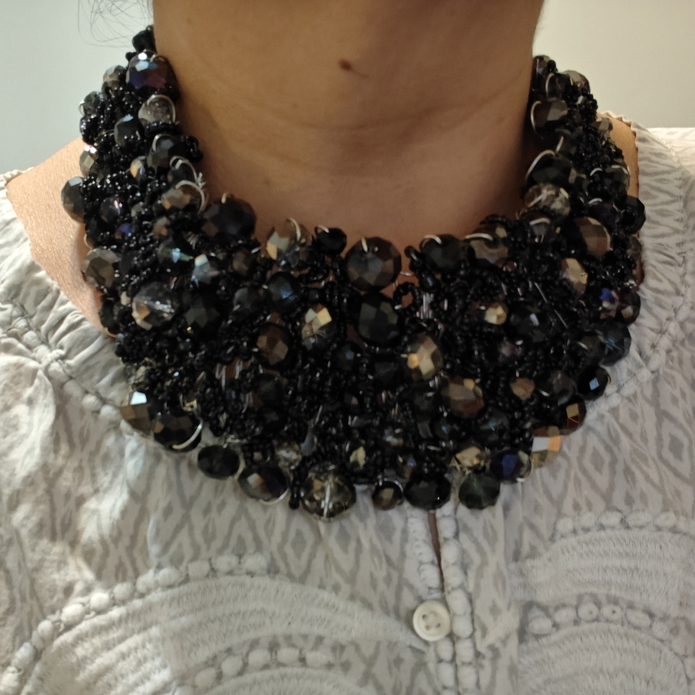 Y2K ALDO Black & Silver Wired Beaded Bib Statement Necklace
